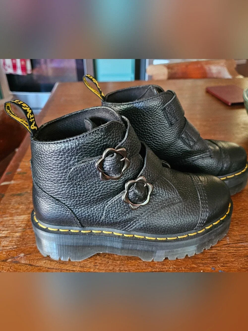 Dr. Martens Black Leather Daisy Flower-Buckle Ankle Boots 8